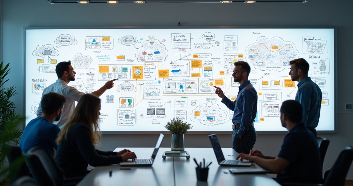 Whiteboard with AI-first platform architecture drawings 