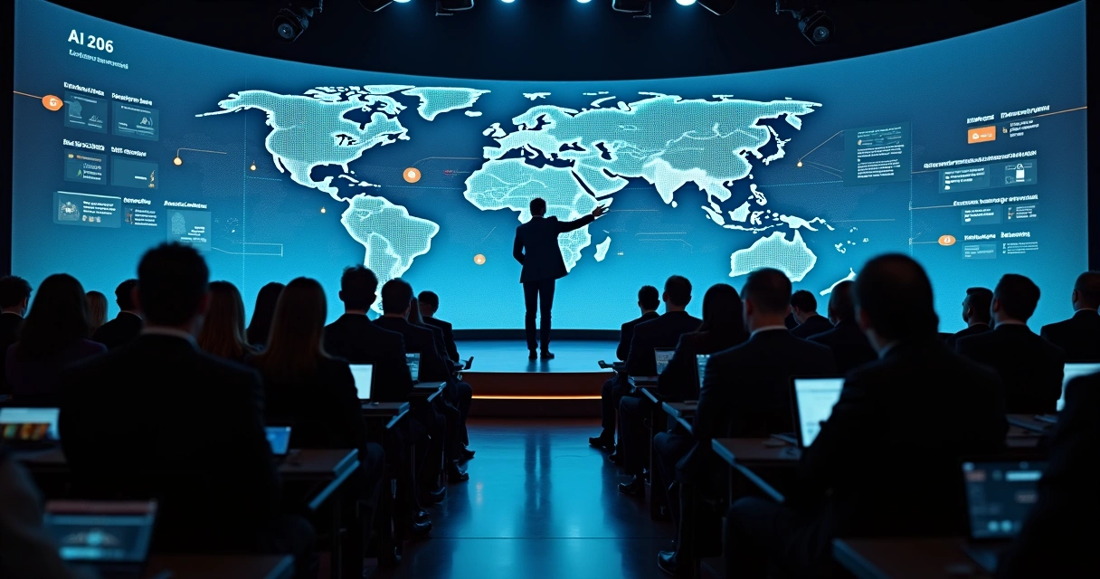 AI forensic expert presenting evidence timeline on large screen during global conference 