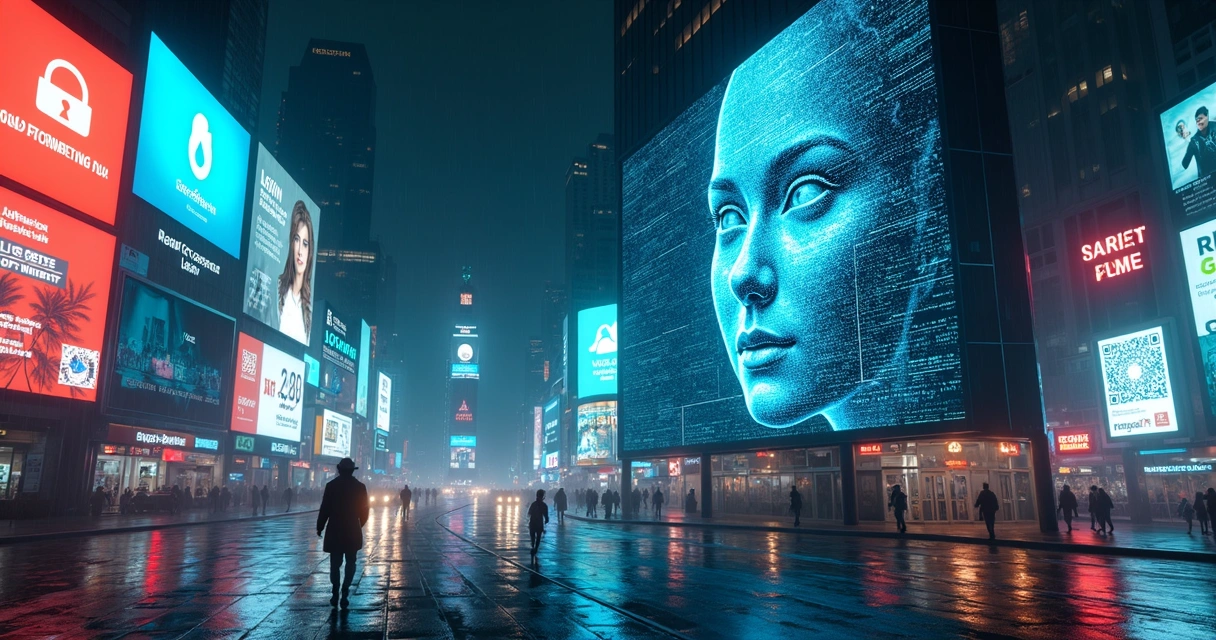 Stylized humanoid AI face overlaid with fraud warning data in a night cityscape 