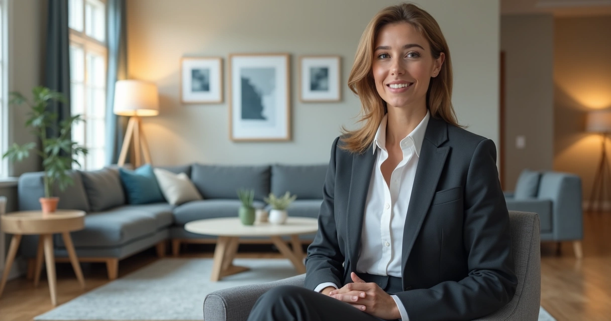 Photorealistic AI actor in a modern living room setting for a video ad