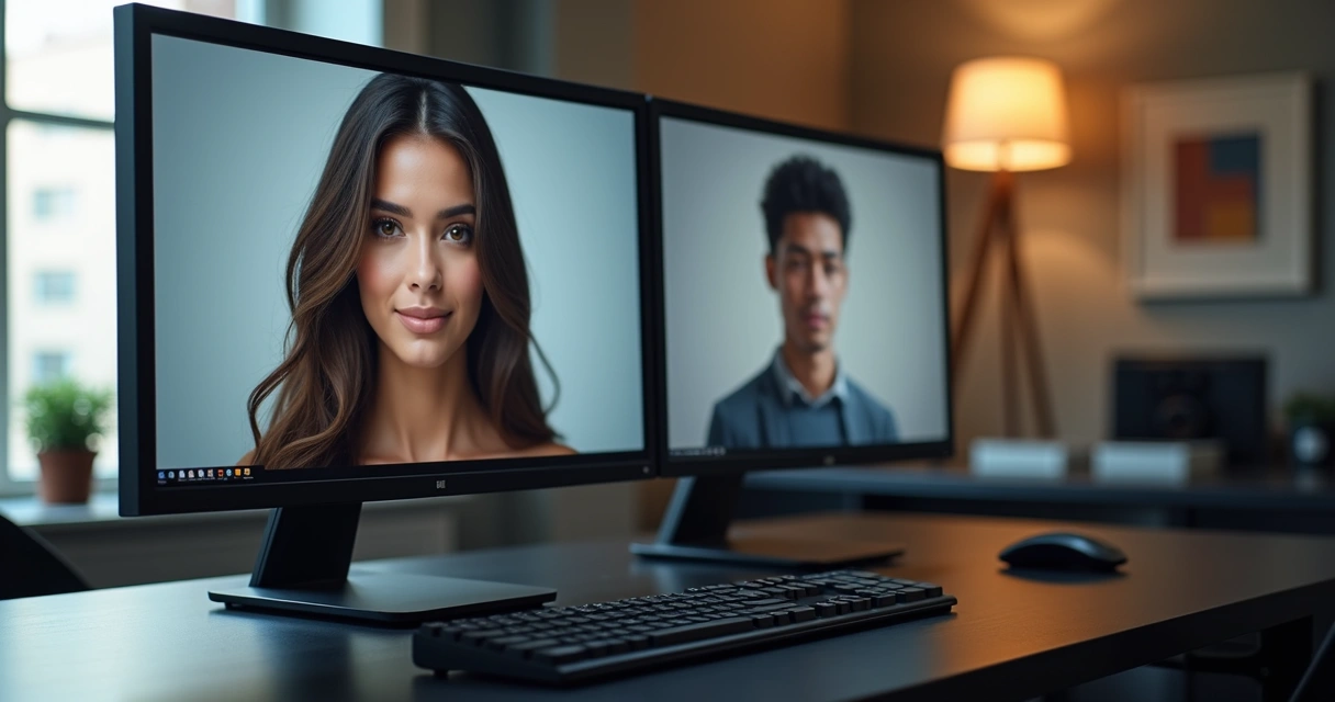Side-by-side comparison of AI-generated image and real photo on computer screens 
