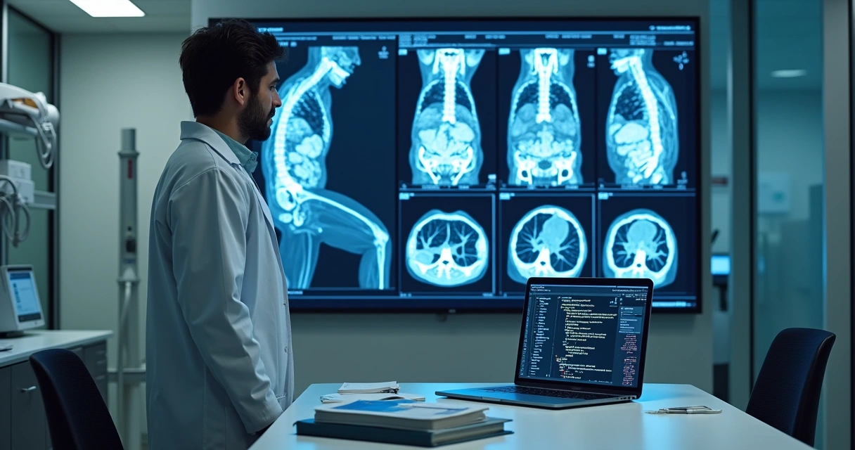 Scientist reviews AI results in medical imaging 