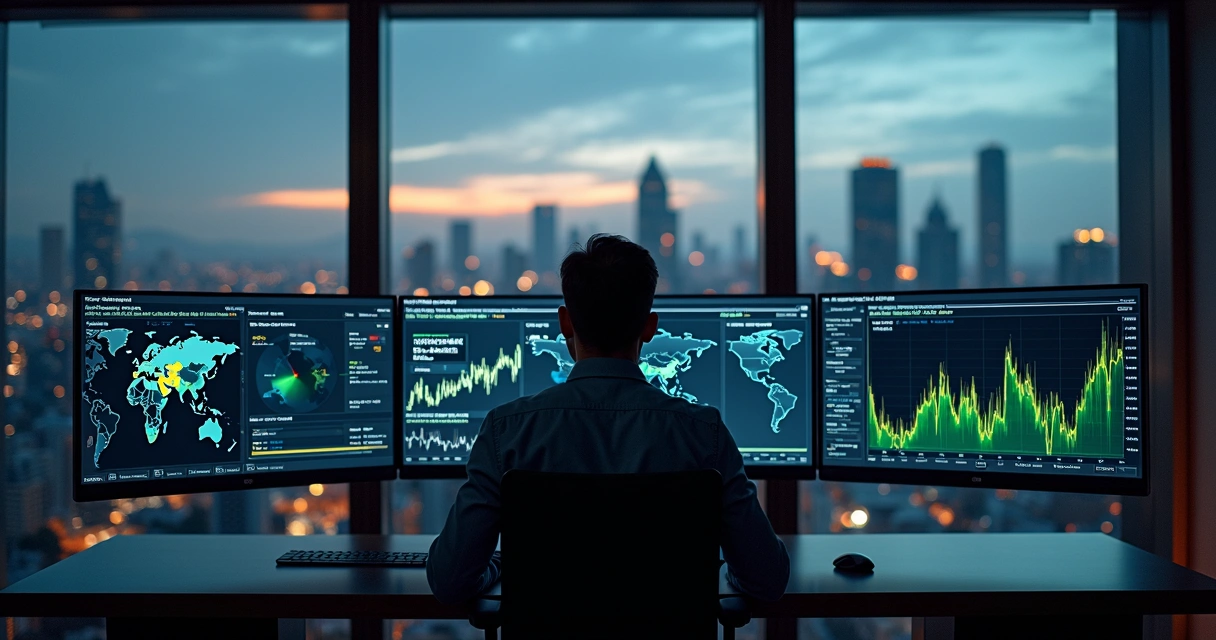 Financial executive analyzing AI hedge software dashboard with real-time risk metrics 