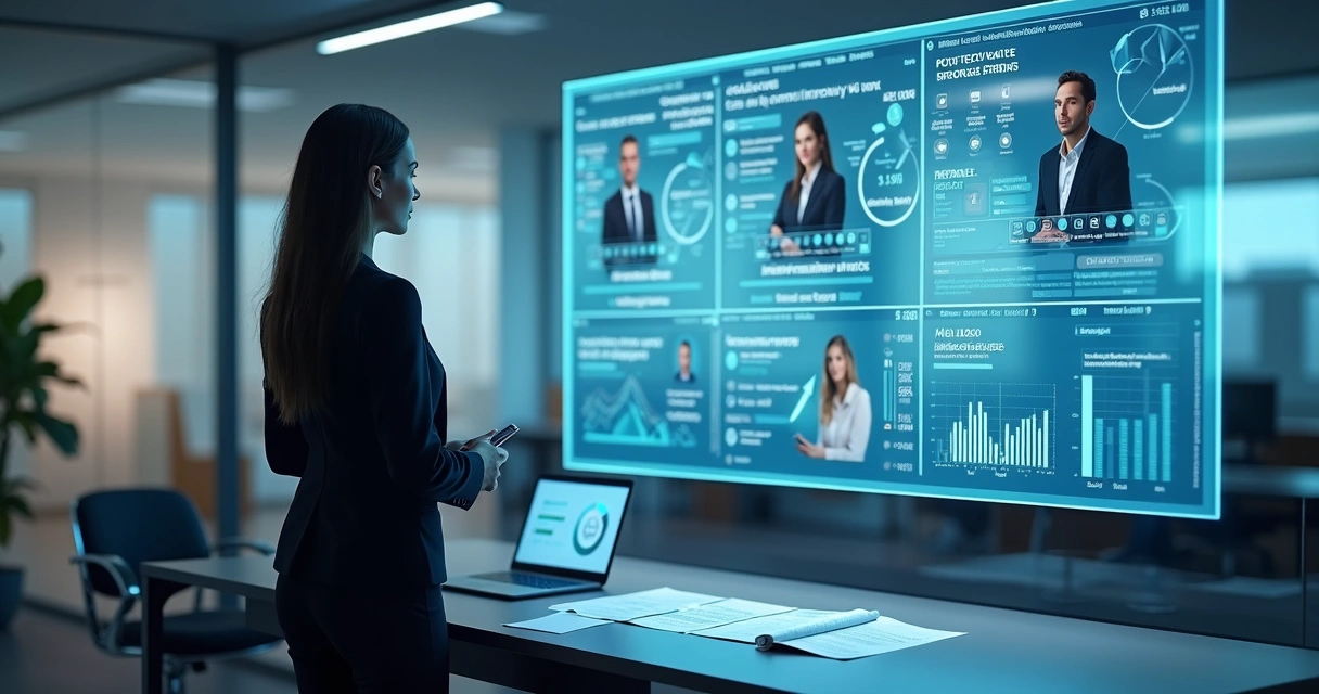 Businesswoman interacting with AI interface showing interview analytics and candidate profiles 