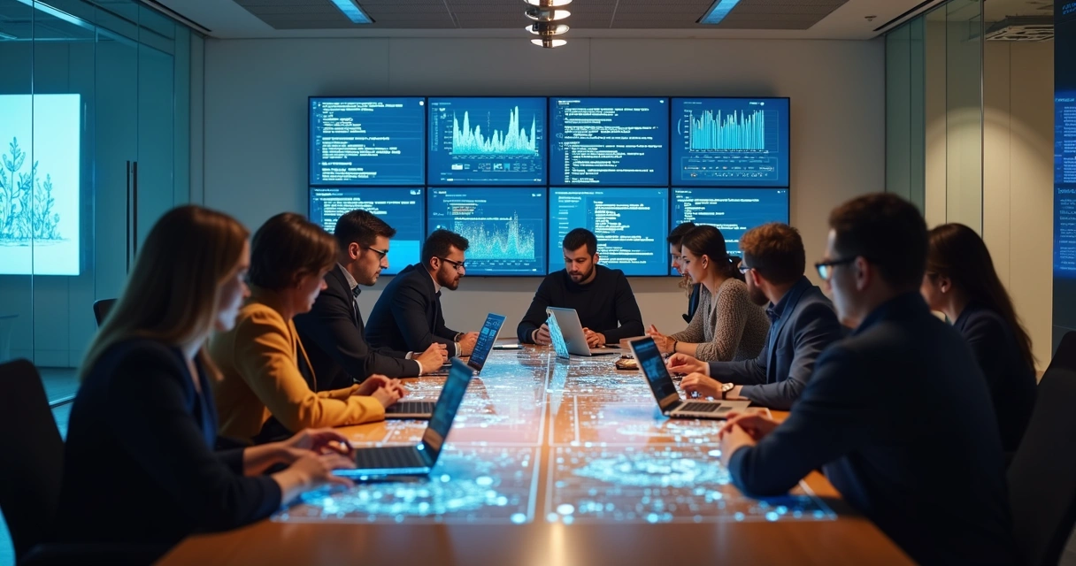 Colleagues discussing AI data among digital screens