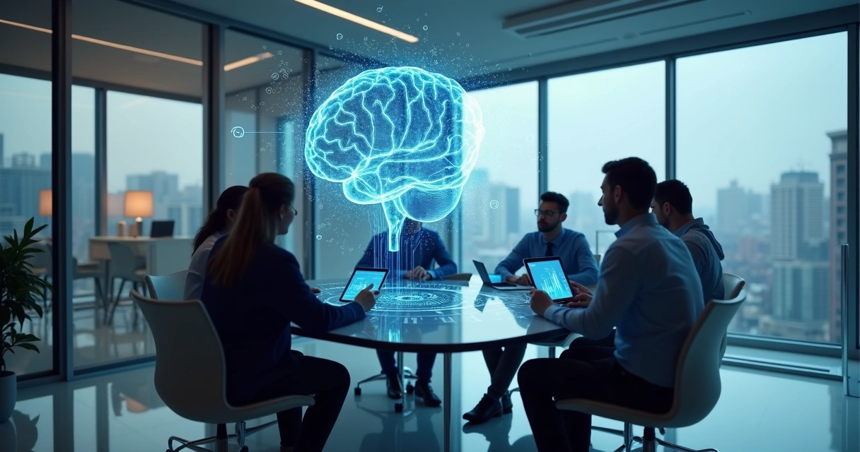 AI diagram overlaying a modern business office scene