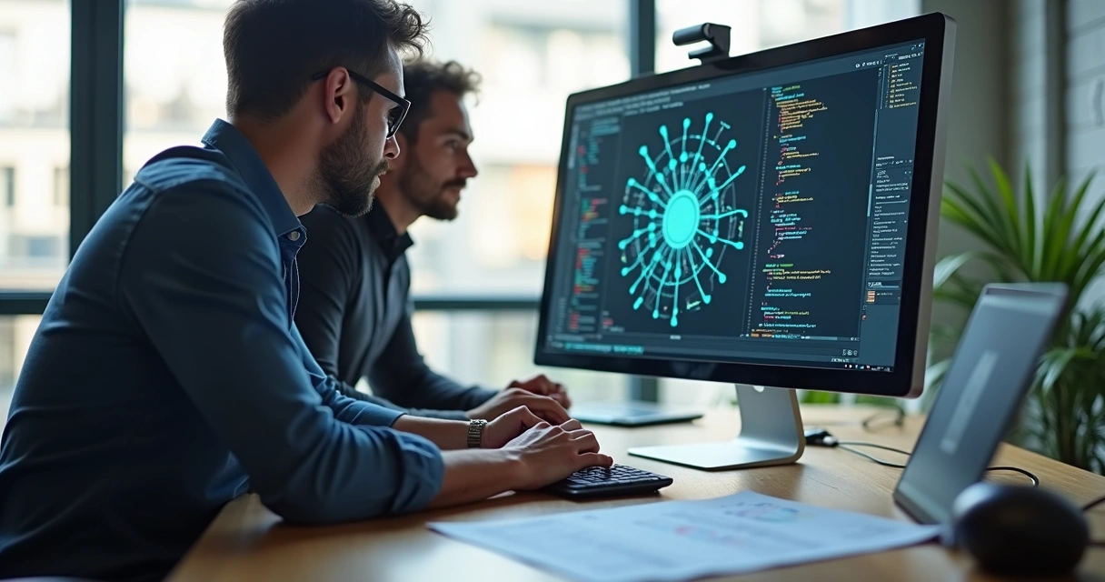 Software engineer discussing AI project with client on computer 