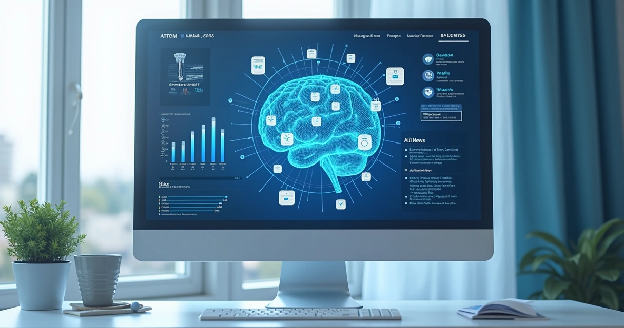 LLM dashboard with public data sources and AI brain illustration