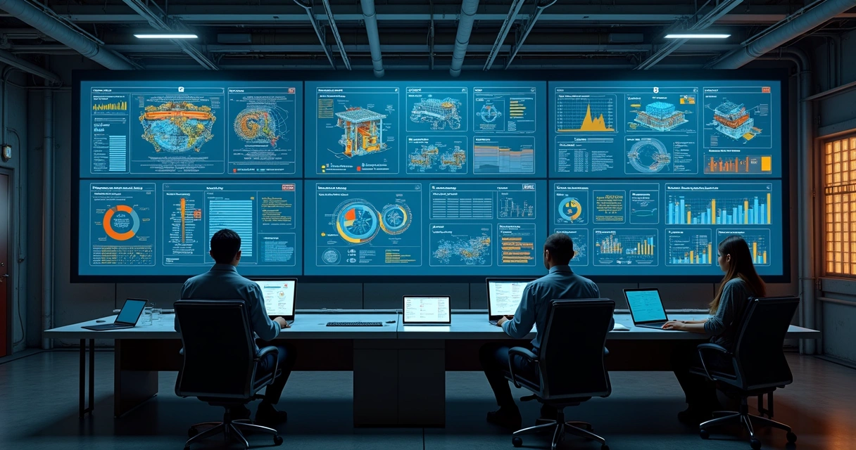 Industrial plant dashboard with data analytics charts and machinery status. 