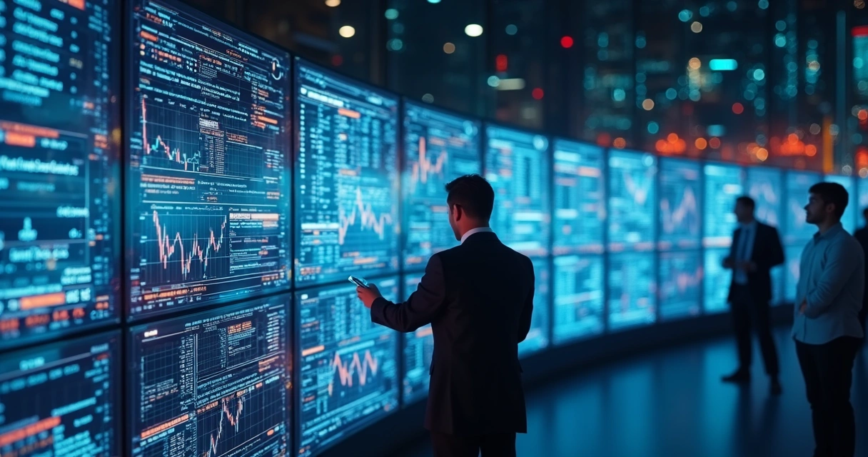 AI analyzing market data on transparent screens 