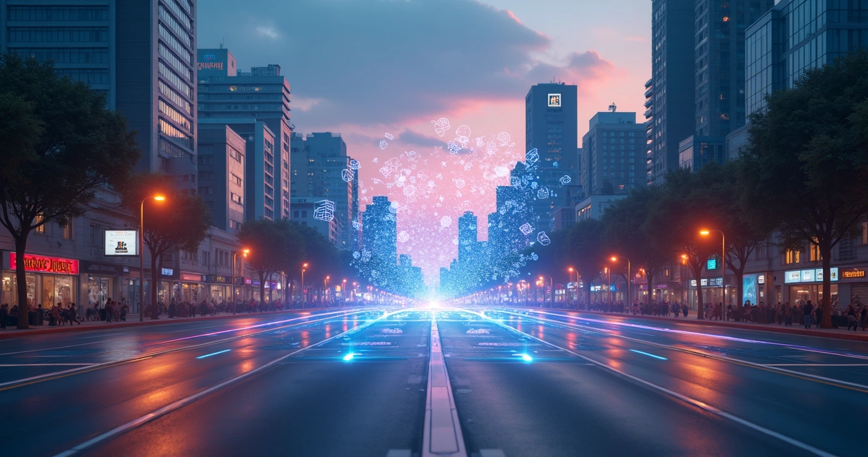 Futuristic marketing setting with generative AI trends visualized