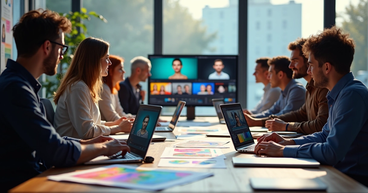 Team using computers to create marketing video ads