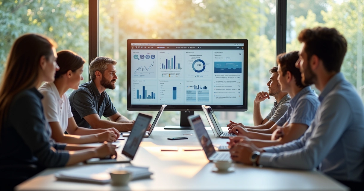 Office team reviewing digital dashboards together 