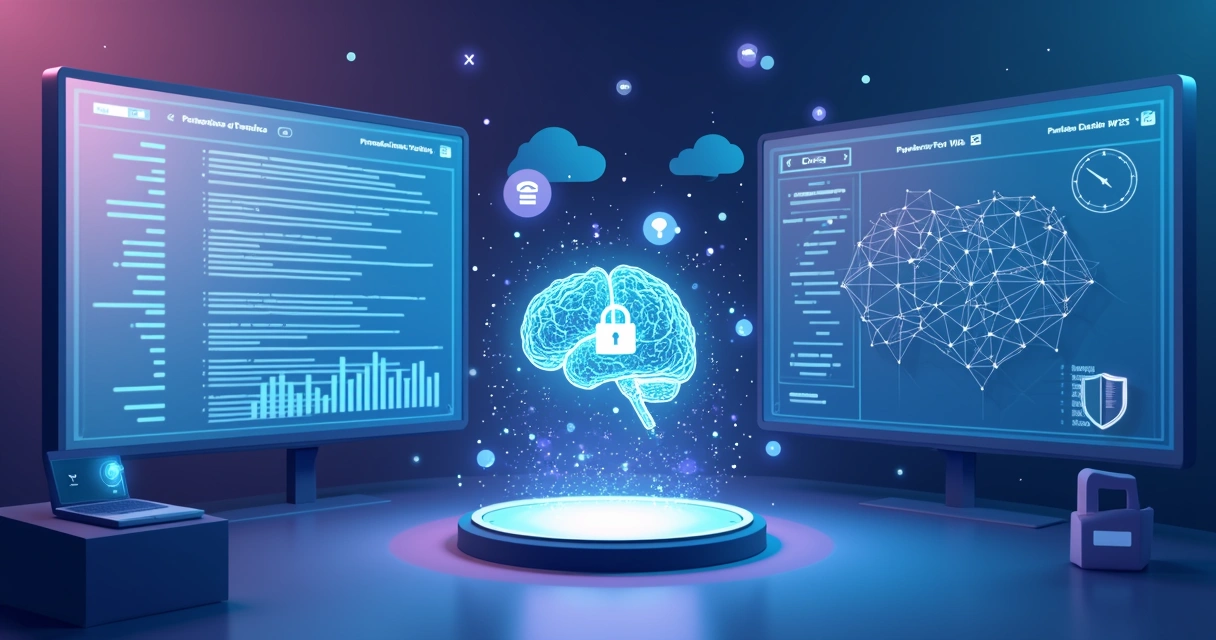 Representação de inteligência artificial analisando códigos para segurança de rede. 
