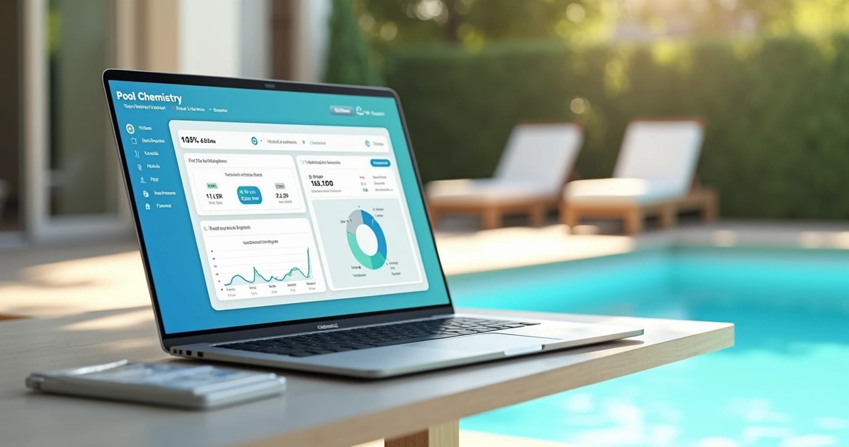 Dashboard with pool data on a laptop and testing kit nearby