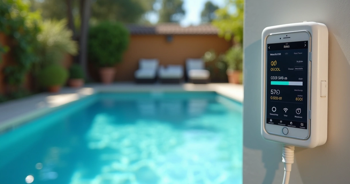 Digital pool monitor on pool wall with app interface 