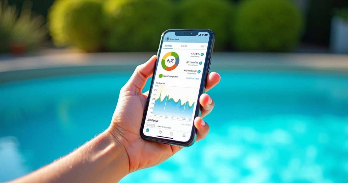 Smartphone displaying AI pool analysis app with colourful charts and water readings