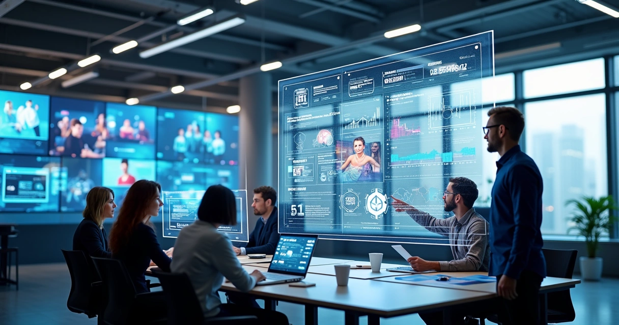 Marketing team using AI platform to quickly create ad creatives for Meta Ads on multiple screens with dynamic charts 