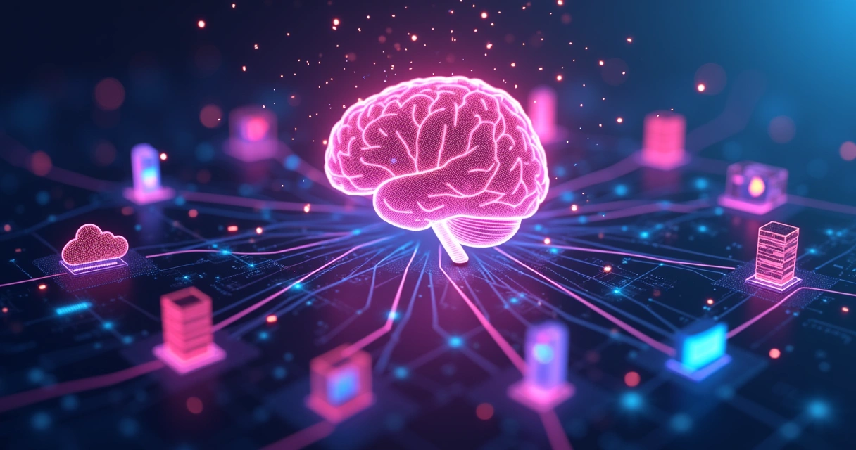 AI brain icon connected to multiple API nodes by digital lines 