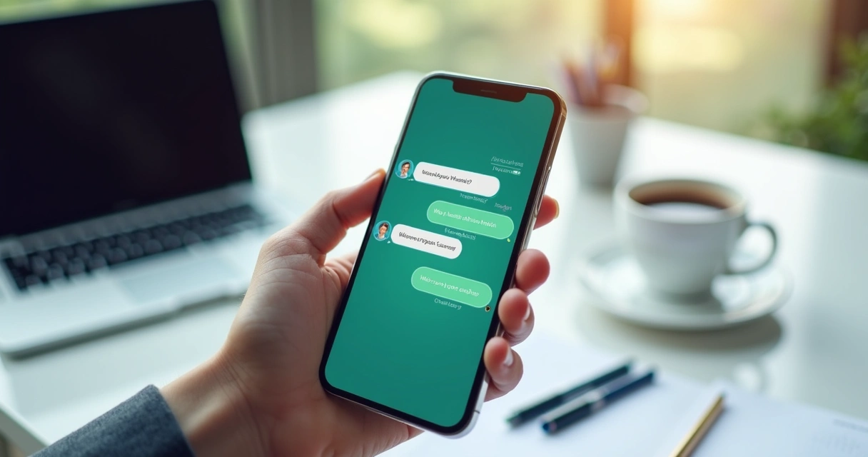 AI-powered chatbot interface on smartphone showing WhatsApp conversation with business customer support 