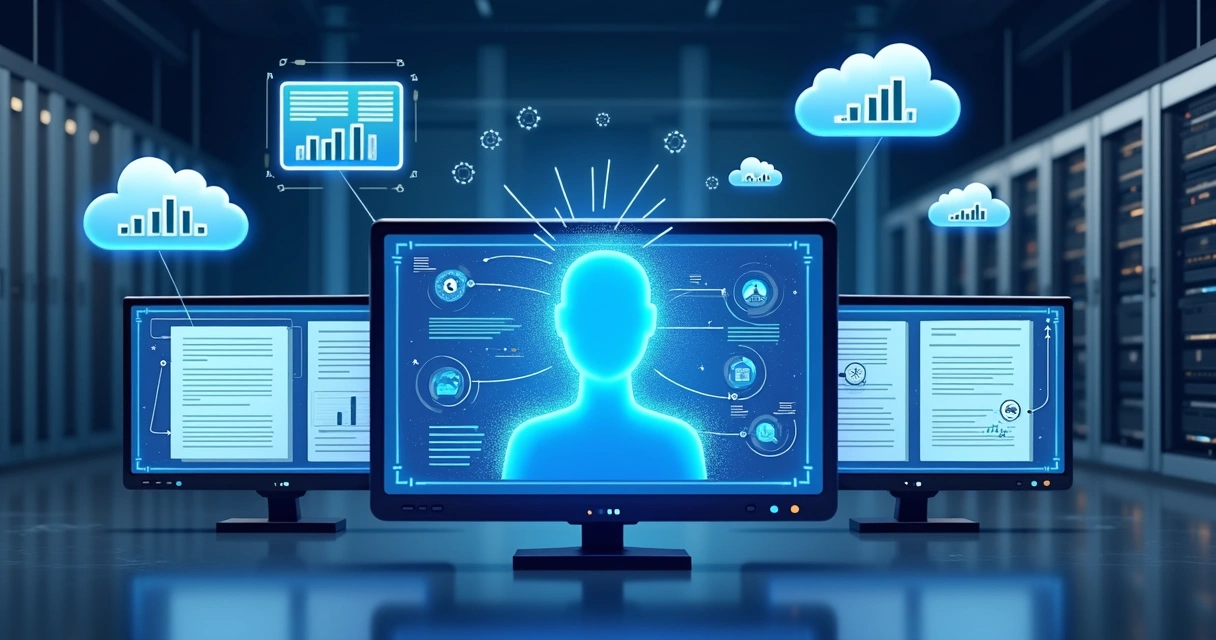 AI analyzing digital contracts on multiple monitors 