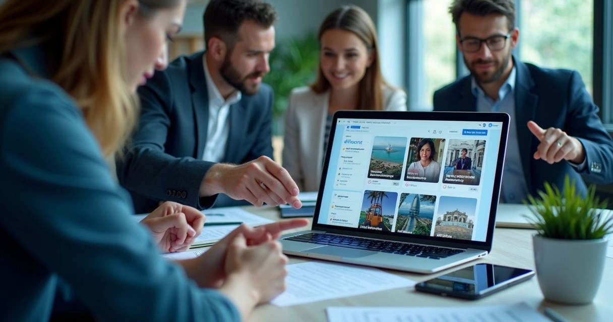 Laptop and smartphone with Meta Ads creatives, AI interface elements, and a marketing team brainstorming 