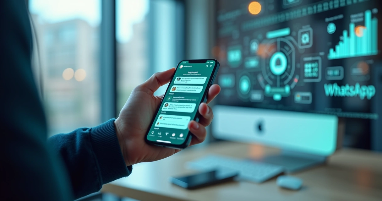 Smartphone showing a WhatsApp chat with AI assistant responding to customer inquiries 