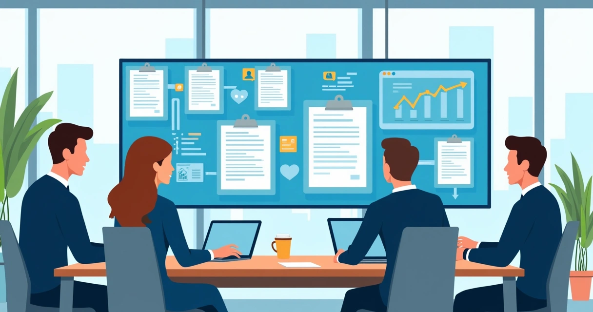 Procurement team in office using digital platform screens 