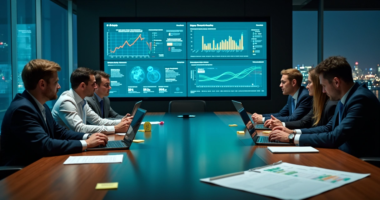 Operations leaders stressed around a conference table reviewing delayed AI project dashboards 
