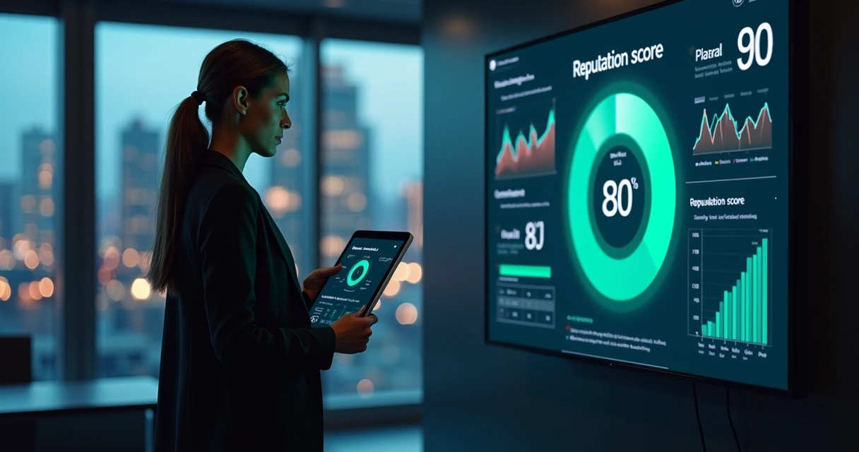 Marketing manager reviewing an AI reputation score dashboard on a large screen 