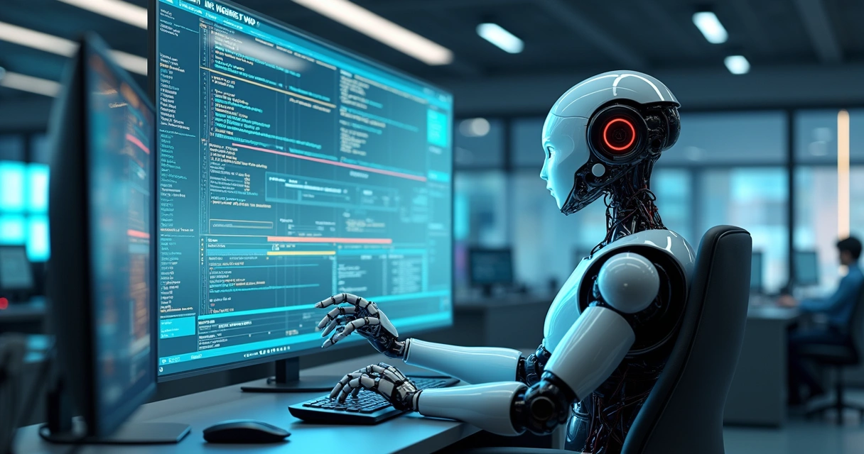 Robot analyst reviewing digital log data on a large screen. 