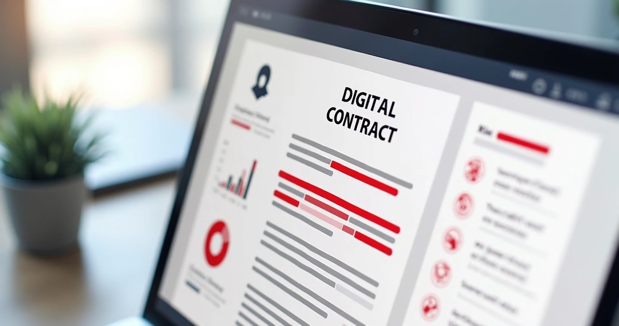 AI system analyzing a document, highlighting risky contract clauses with graphs and alert icons on modern screen. 