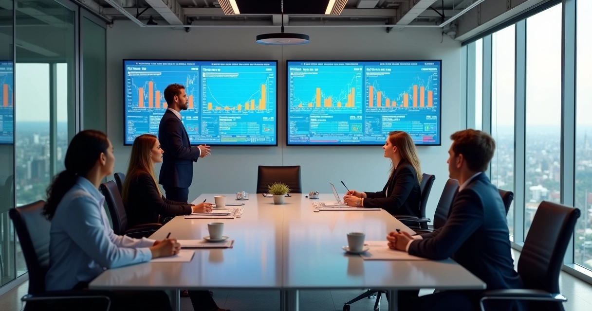 Modern boardroom discussing risk data on large screens