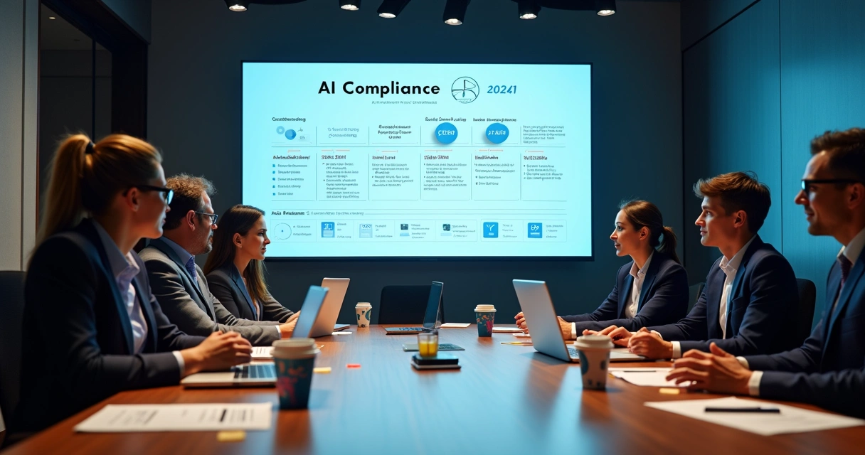 Team meeting around AI compliance timeline and cybersecurity risk map 