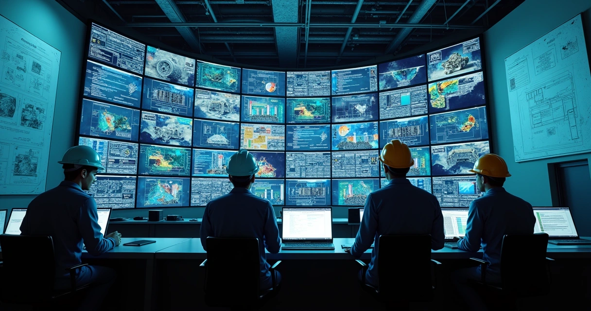 Control room with screens displaying AI-driven root cause analysis reports 