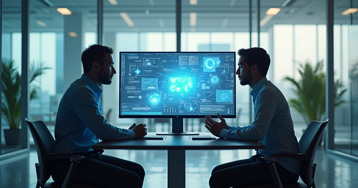 AI-driven sales bot having a conversation with a client on a computer in a modern office