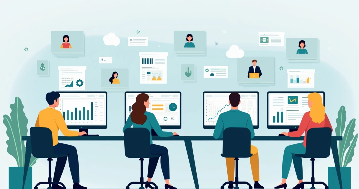 Sales team members at computers reviewing real-time charts with AI insight graphics 