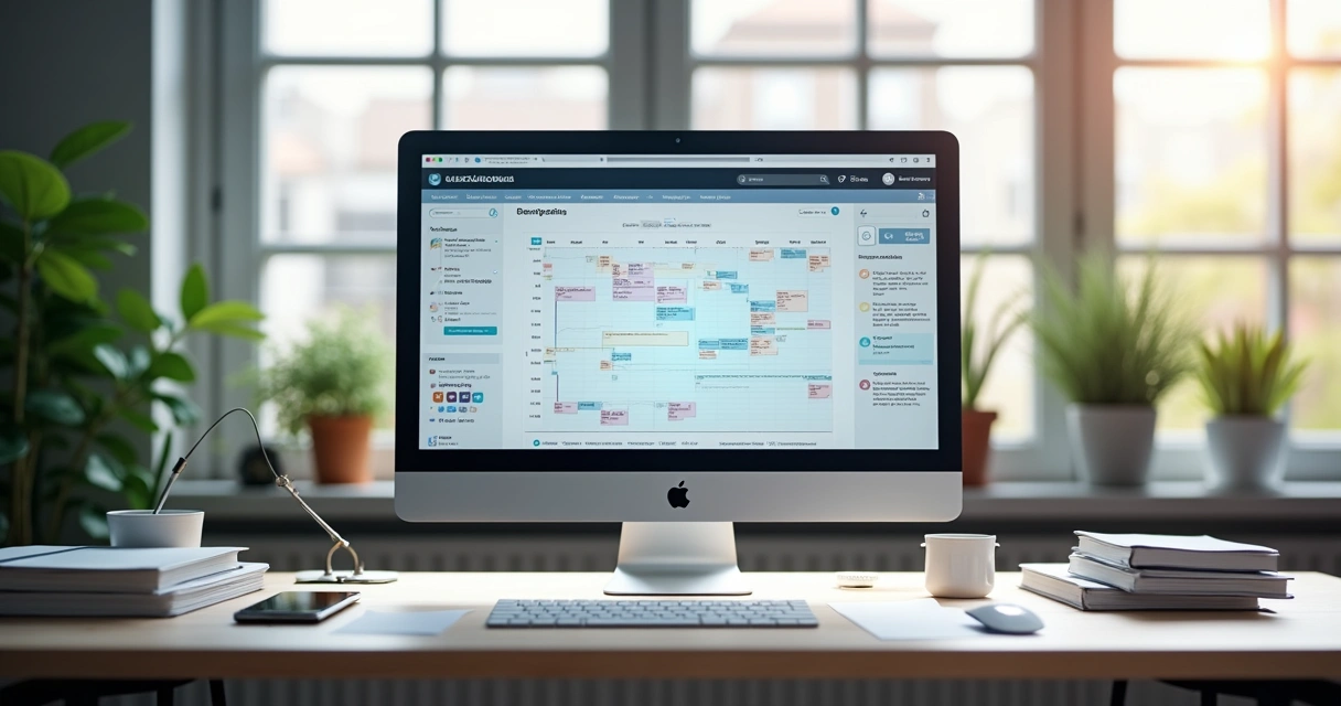 Modern digital workspace with AI secretary dashboard on screen 