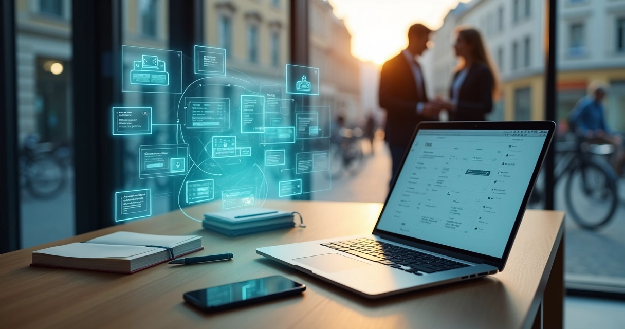 AI secretary hologram organising calendar and emails above modern SME desk 