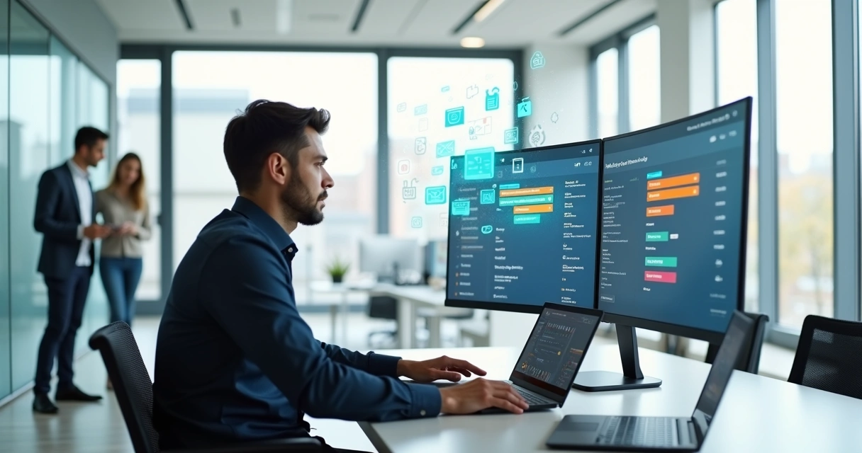 AI secretary interface assisting a small business owner with scheduling and email tasks 