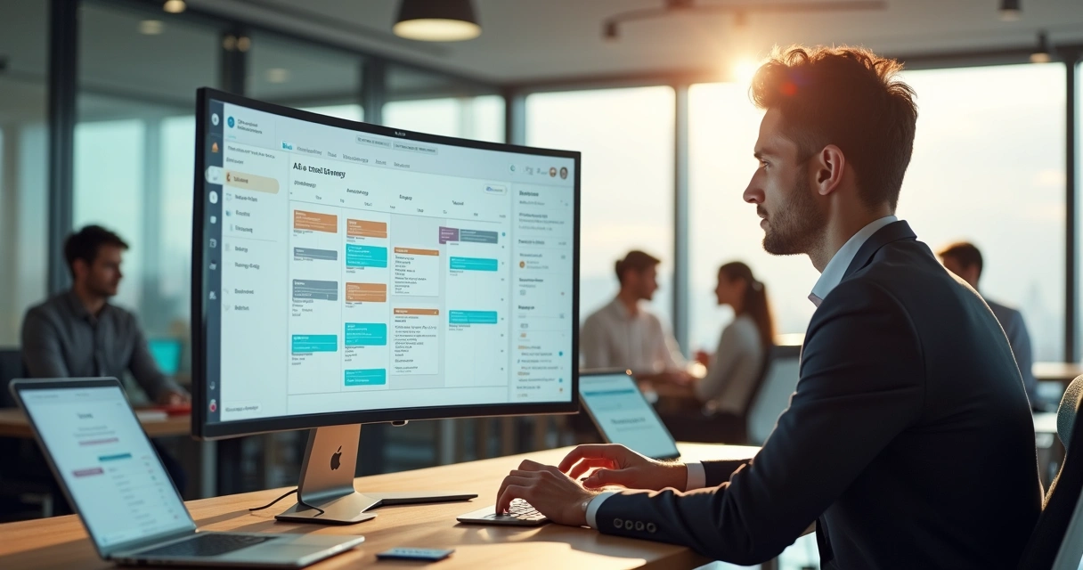 AI secretary interface assisting SME manager with scheduling and emails on multiple screens 