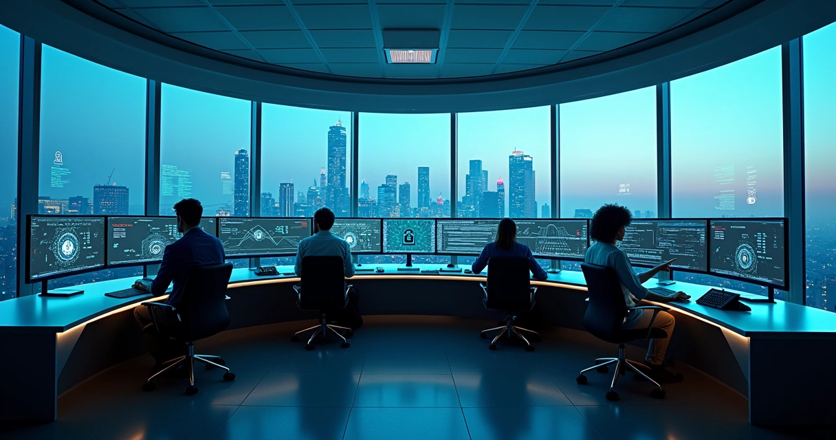Team in glass control room overseeing secure AI system dashboards 