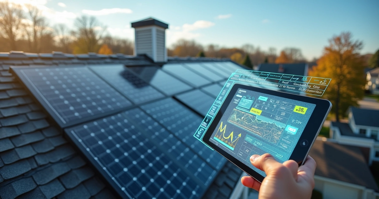 Solar sales professional analyzing house roof with AI data dashboard overlay 
