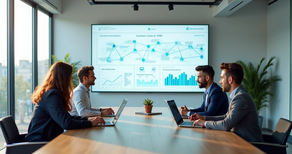 Business team viewing AI dashboard integrating automation and customer data 
