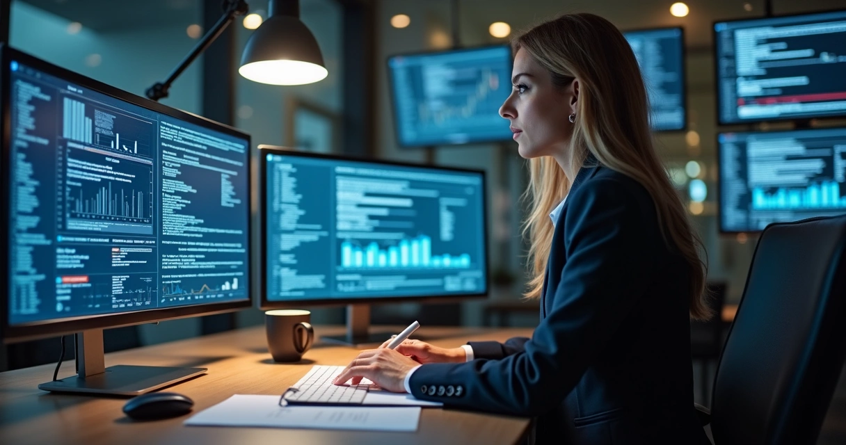 Businesswoman monitoring AI data sources on a computer screen