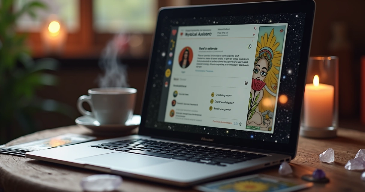 A mystical AI chat interface on a laptop next to tarot cards 