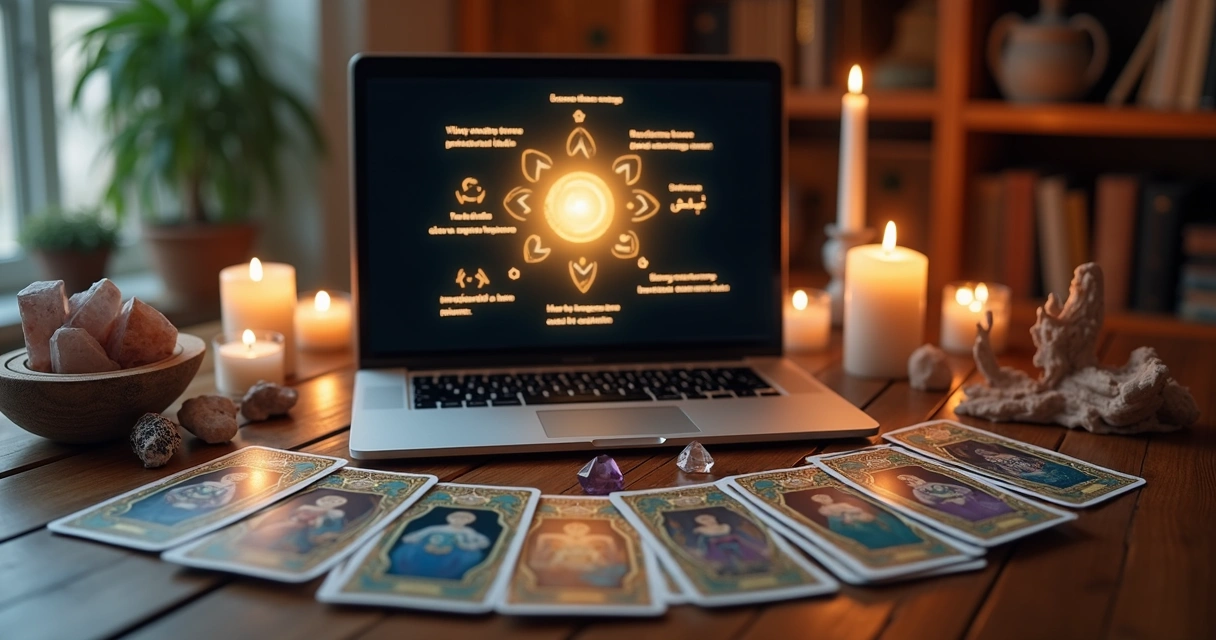 Digital tarot reading with AI assistant on screen and tarot cards laid out on wooden table 