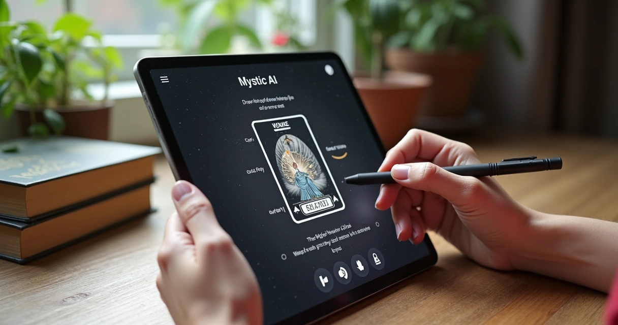 Tablet with AI tarot assistant chat on screen giving card meaning. 