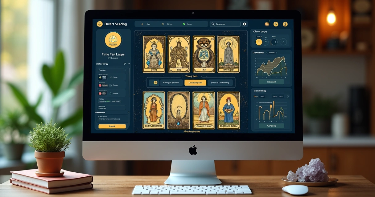 Digital tarot dashboard interface with AI chatbot 