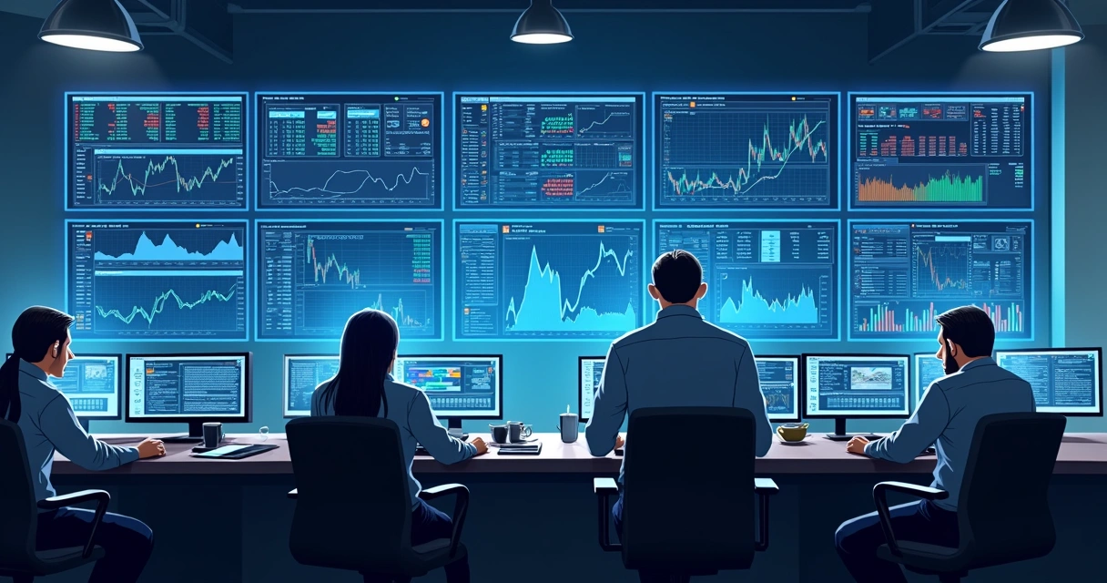 AI-powered trading room with risk management screens 